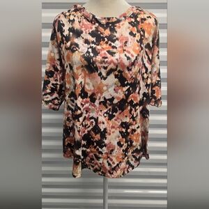 Kim & Cami Abstract Print Blouse in Black, Orange, and Cream